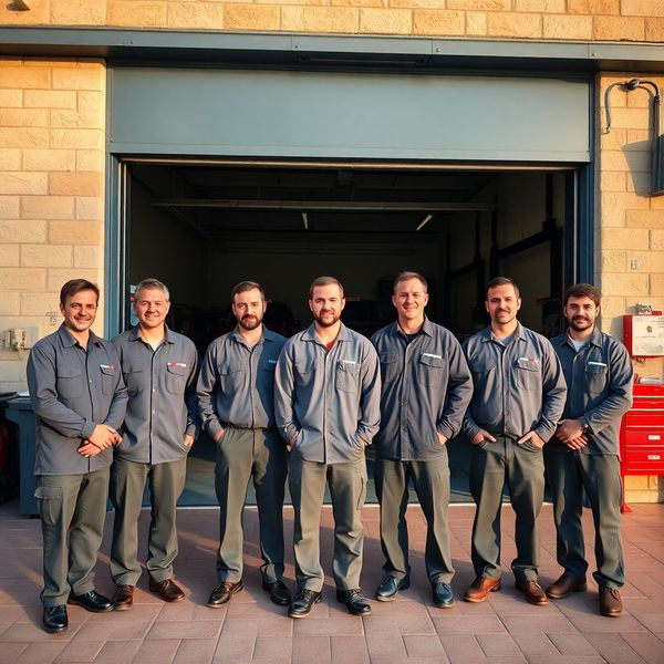Retrato del equipo de seis técnicos del taller