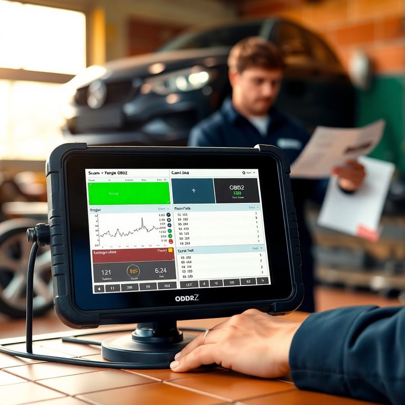 Escáner de diagnóstico OBD2 mostrando datos del motor en pantalla