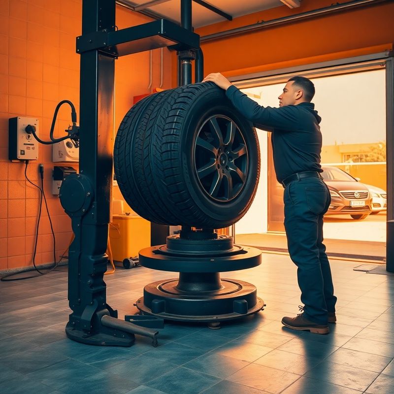 Técnico montando un neumático en la máquina de equilibrado