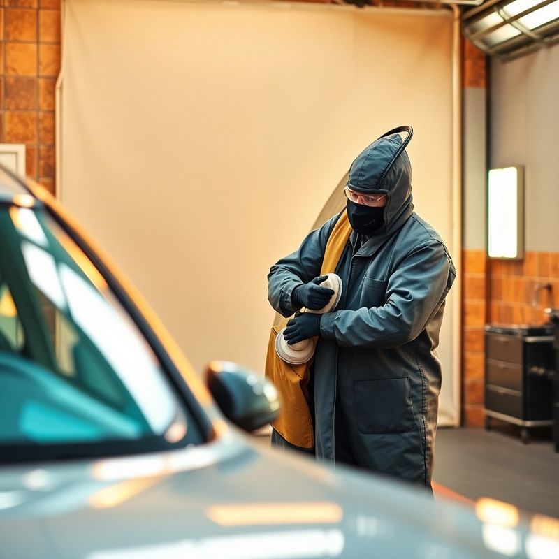 Técnico lijando un panel de carrocería en cabina de pintura